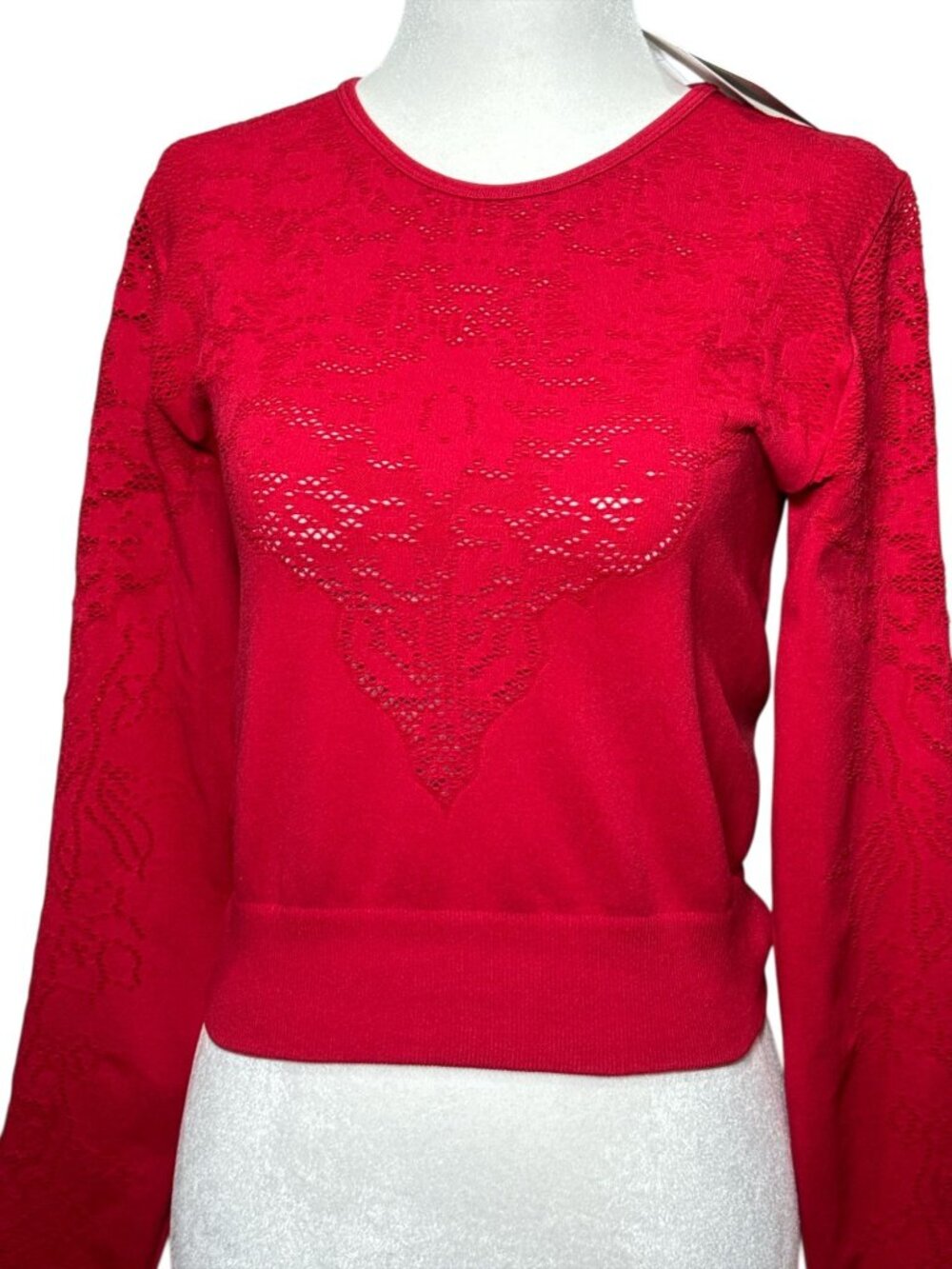NEW Fabletics Size L Seamless Lace Long-Sleeve Cropped Top Bold Red Activewear